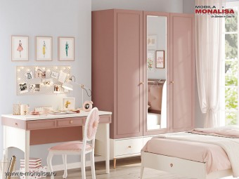 Dulap Tineret/Copii 3 Uși cu Oglindă și Sertare Rose Pink❤️ Cilek Elegance