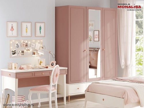 Dulap Tineret/Copii 3 Uși cu Oglindă și Sertare Rose Pink❤️ Cilek Elegance