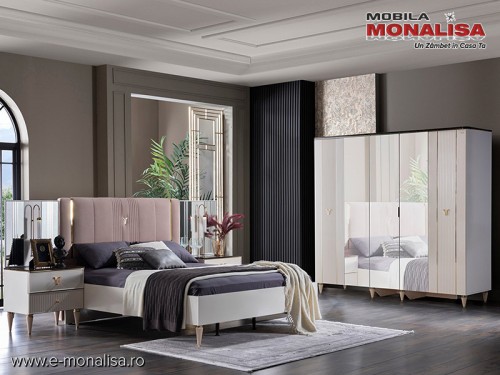 Mobila dormitor matrimonial alb-crem modern Armony