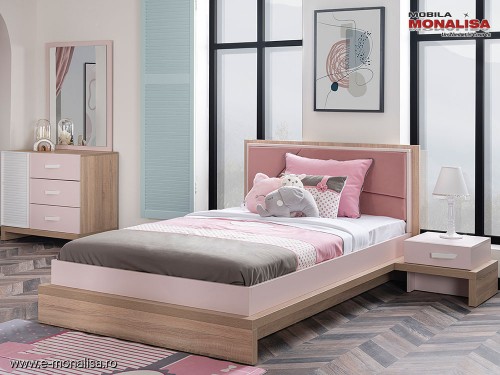 Pat tineret Fete Roz Pudra - Stejar 120x200 Colecția Angel City ✴️ KUPA