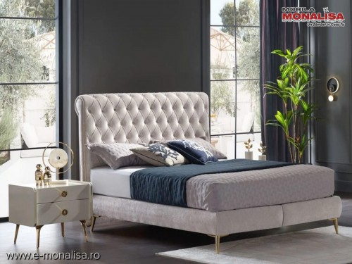 Pat crem tapitat Chesterfield cu lada si somiera Dolce DLC 160x200