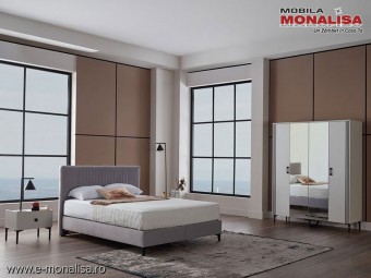 Mobila Dormitor alb gri modern - Pat Tapitat cu Lada - Dulap 4 usi Eva