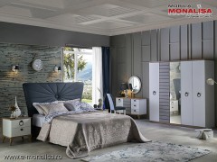 Set Mobila Dormitor moderna alb gri cu lemn pe stil Scandinav Lavin cu 5 usi