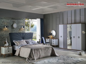 Set Mobila Dormitor moderna alb gri cu lemn pe stil Scandinav Lavin cu 5 usi