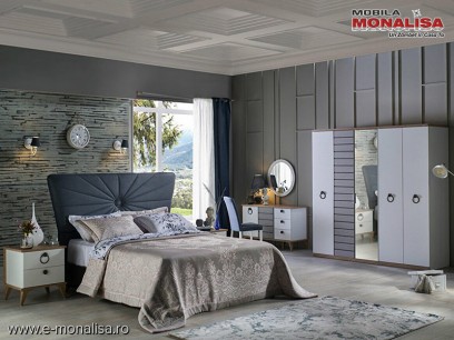 Set Mobila Dormitor moderna alb gri cu lemn pe stil Scandinav Lavin cu 5 usi