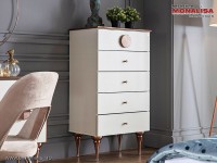 Mobilier Dormitor alb sidef modern Rita - Comoda 5 sertare & Oglinda rotunda