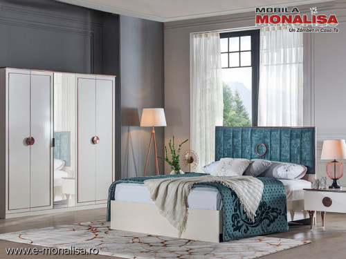 Dormitor alb sidef modern Rita - Set Dulap 5 usi + Comoda 5 sertare + oglinda rotunda