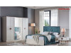 Dormitor alb sidef modern Rita - Set Dulap 5 usi + Comoda 5 sertare + oglinda rotunda