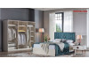 Dormitor alb sidef modern Rita - Set Dulap 5 usi + Comoda 5 sertare + oglinda rotunda