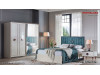 Dormitor alb sidef modern Rita - Set Dulap 5 usi + Comoda 5 sertare + oglinda rotunda