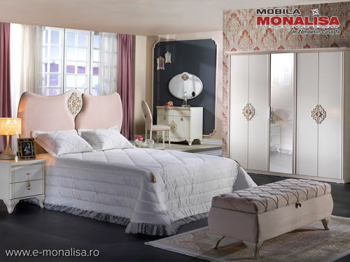 Mobila de lux dormitor alb Ivory matrimonial Vienna