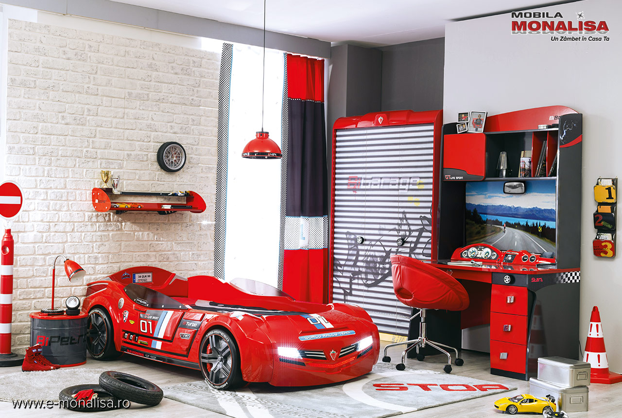 mobila camera copii stil garaj cu pat masina champion racer pret