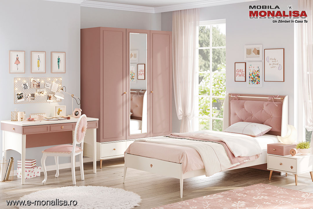 Set complet mobila dormitor copii roz pudra - crem Elegance Cilek set complet dormitor copii tineret roz pudra elegance cilek turcia