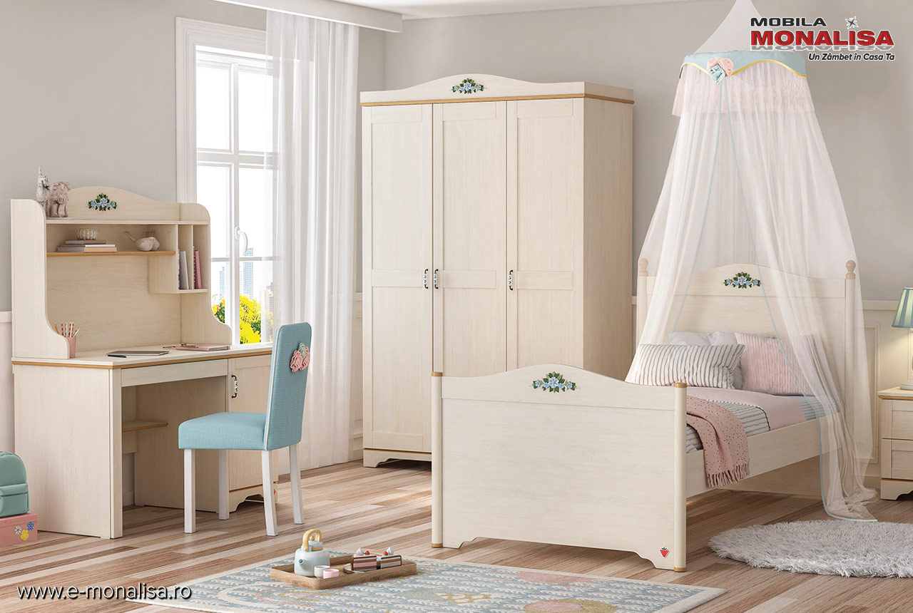 Dormitor copii elegant cu birou si scaun Flora promotie pret
