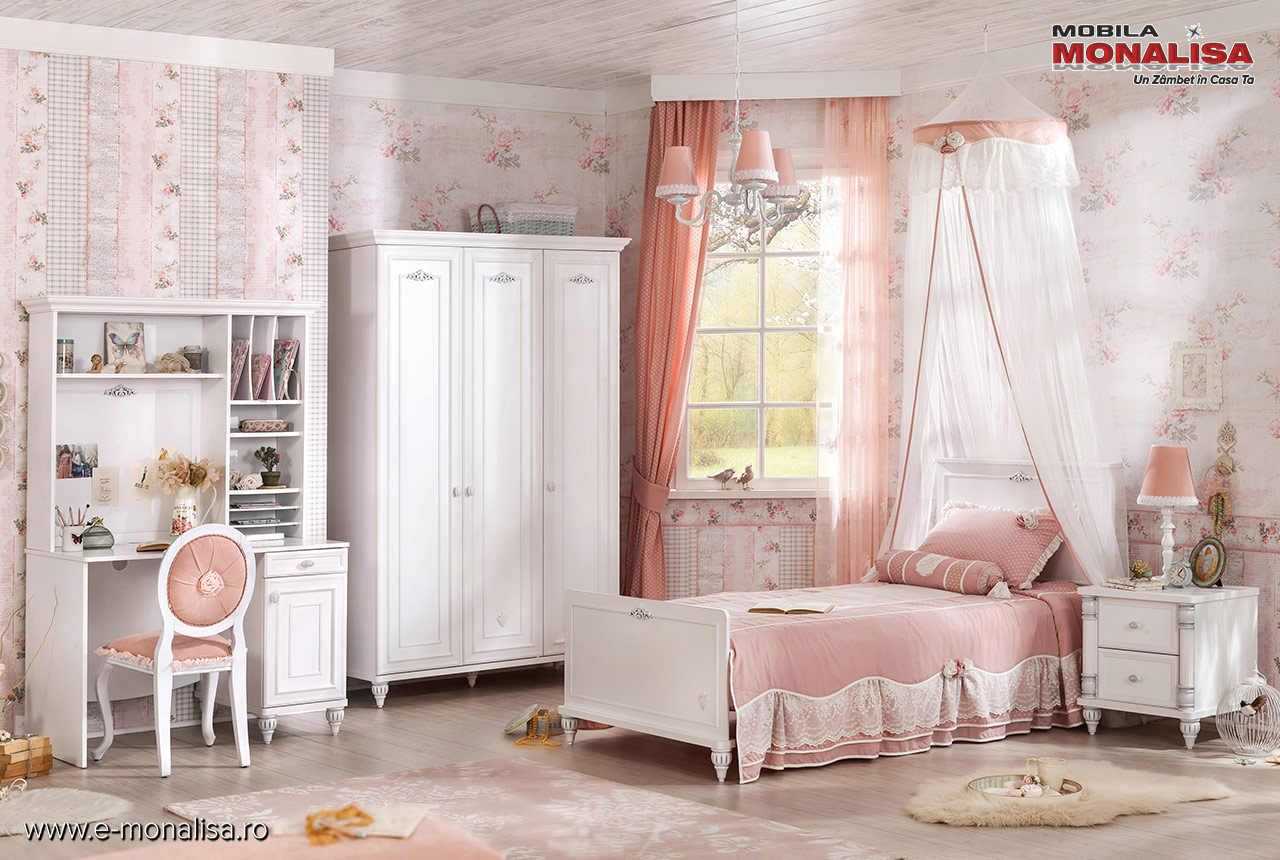 Mobila dormitor copii alba cu birou Romantica
