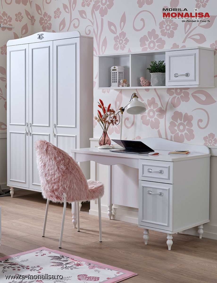 Set birou si biblioteca albe pt. dormitor fete Juliette amenajare spatiu de studiu adolescente cu birou si biblioteca albe juliette