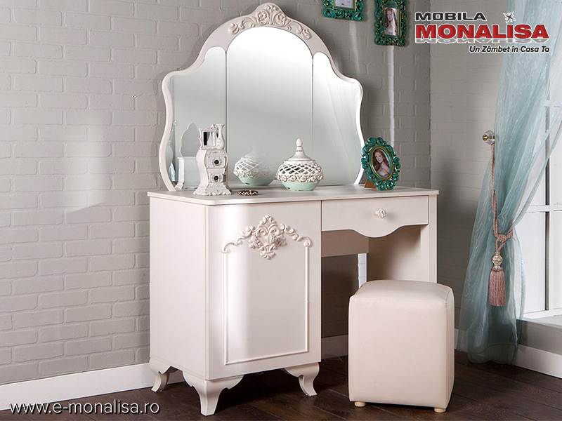 property Walk around Trademark Masa de toaleta cu oglinda alb fildes ✓ Stil Elegant pret mic Mabel