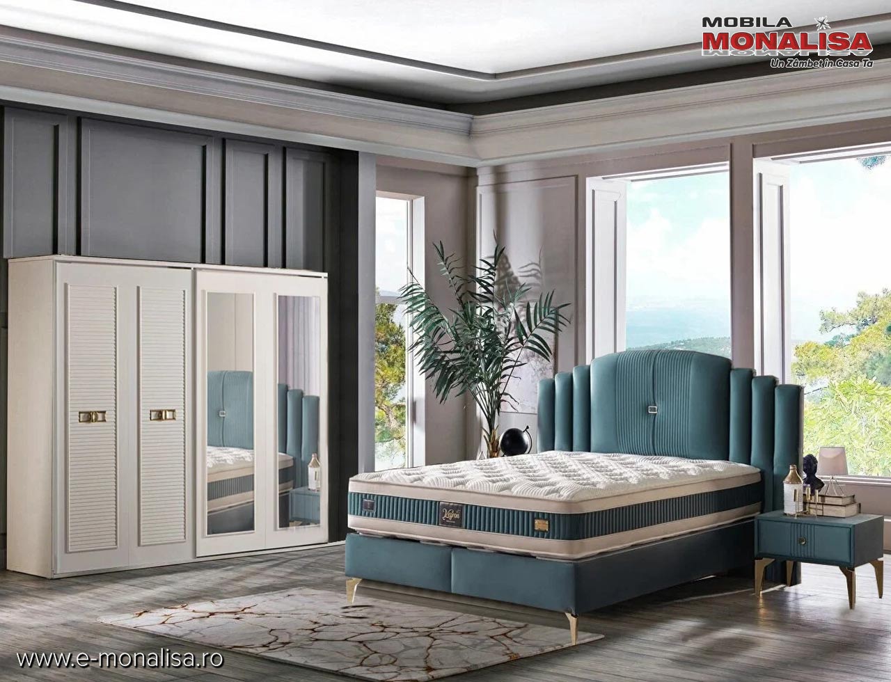 set mobila dormitor moderna alb cu pat catifea verde veyron lux