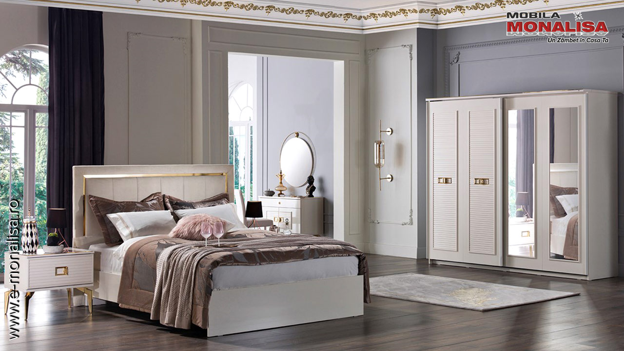 set mobila dormitor moderna alb cu auriu de lux veyron